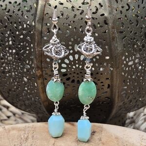 Peruvian Opal, Chrysoprase Silver Long Dangle Earrings, New Handmade 3.5" Drop
